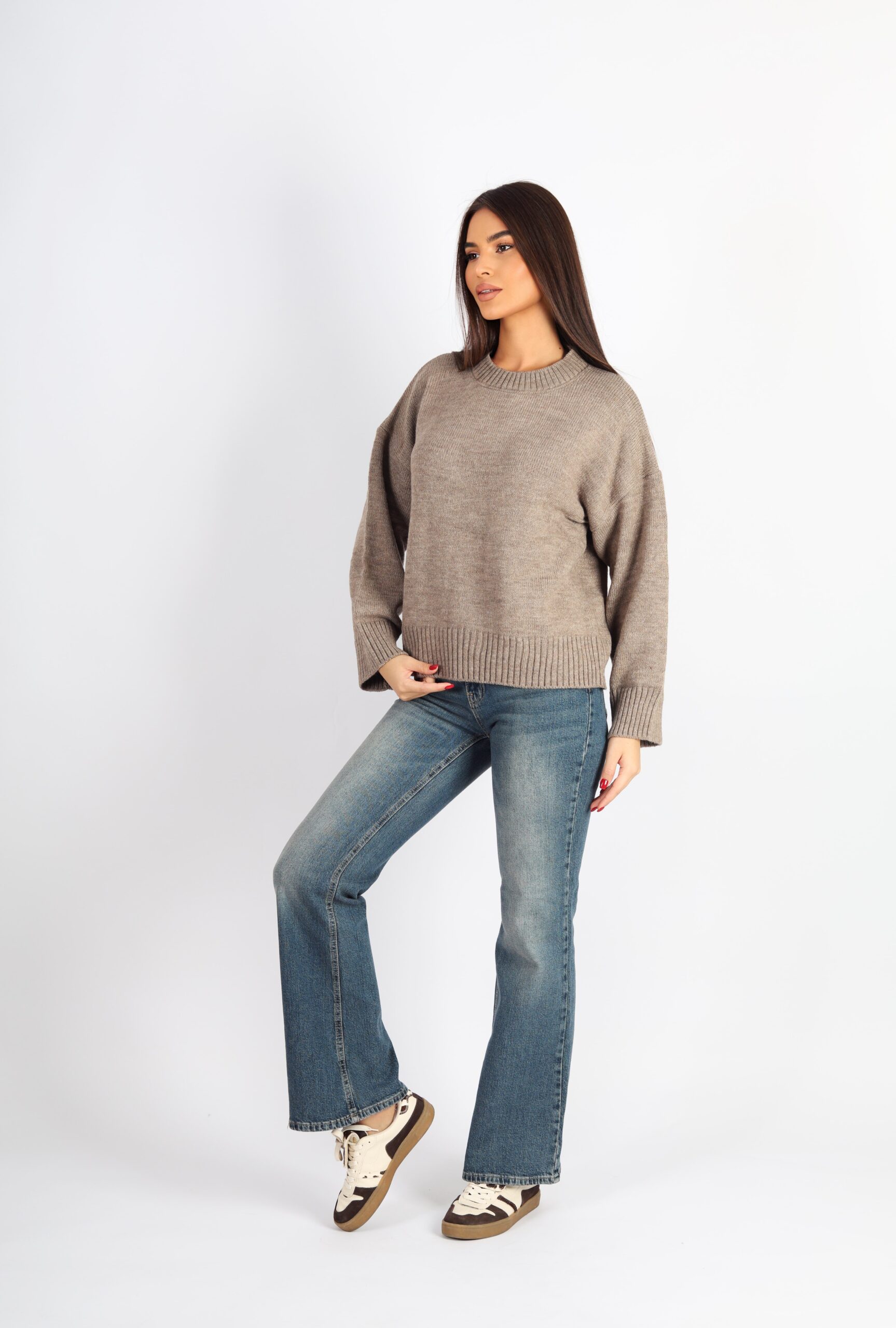 Kadın Bisiklet Yaka Oversize Triko Kazak - Vizon