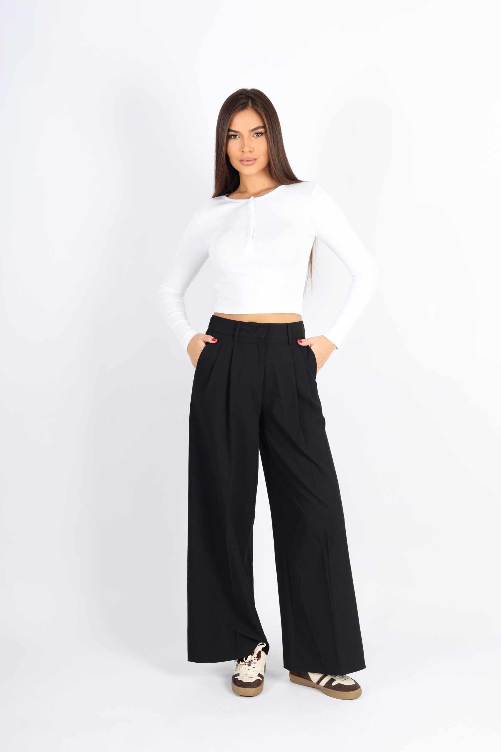 Kadın Geniş Paça Ayarlanabilir Pantolon - Siyah