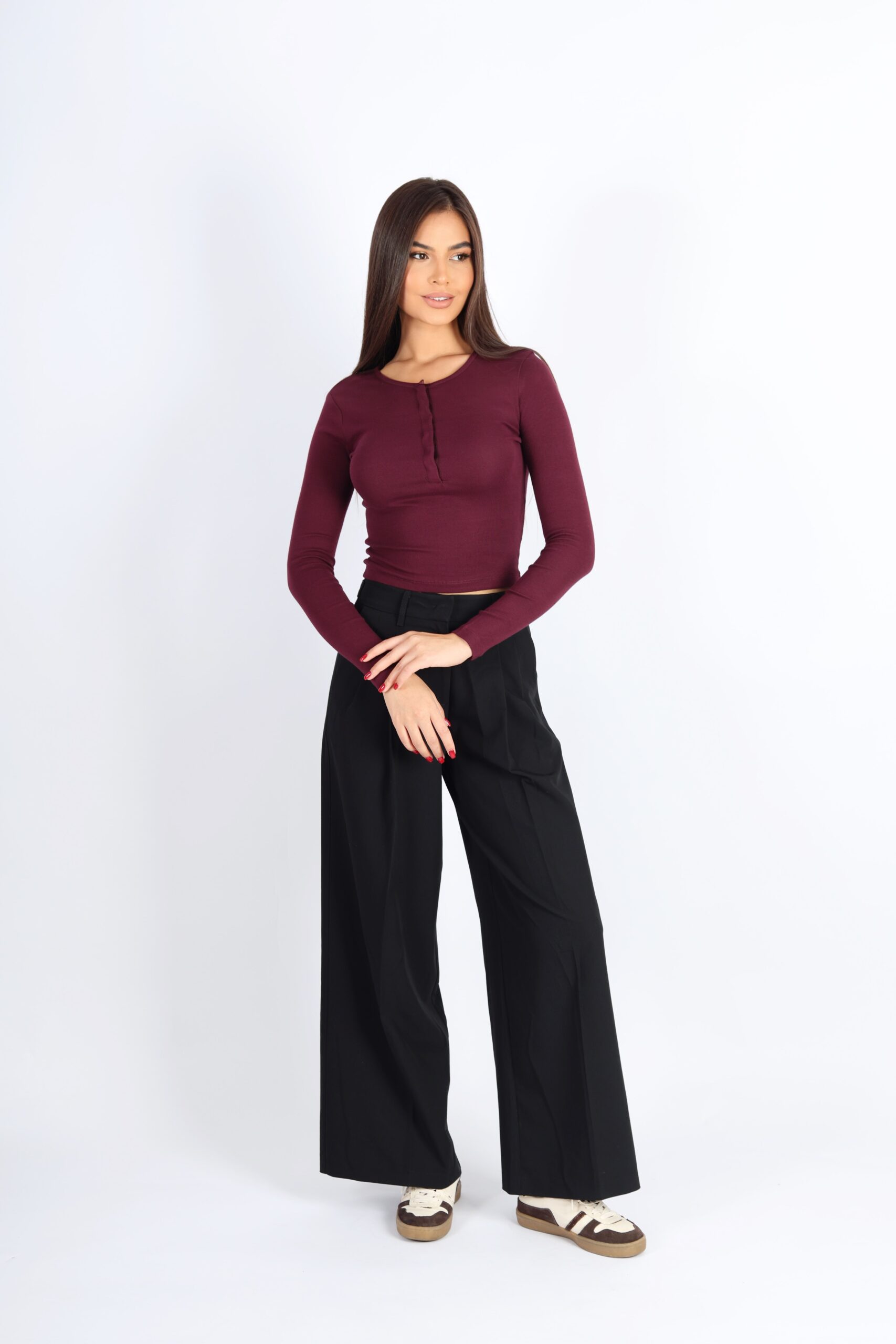 Kadın Çıtçıt Düğmeli Uzun Kollu Top - Bordo