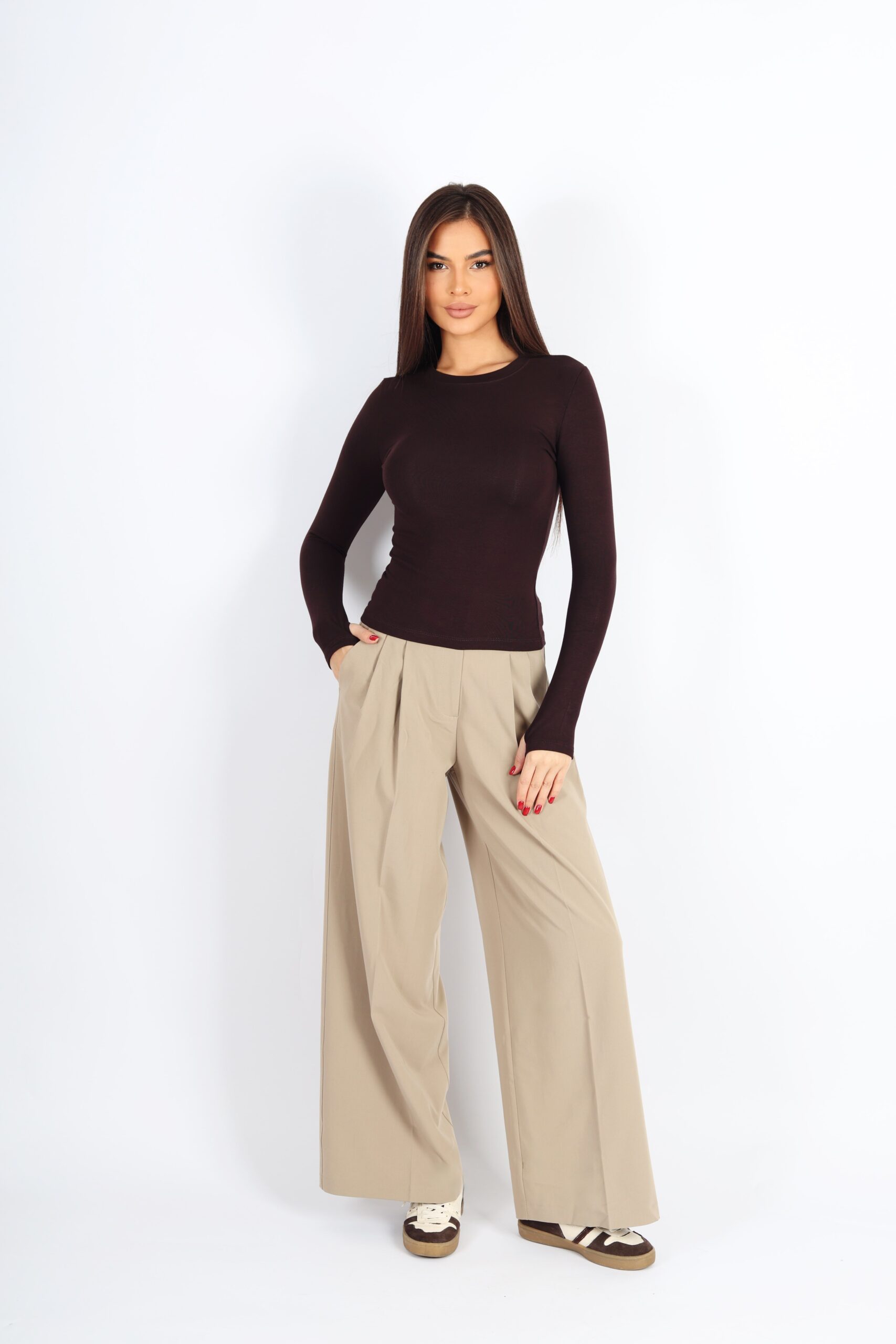 Kadın Bisiklet Yaka Basic Parmak Geçirmeli Uzun Kollu Body - Koyu Kahve