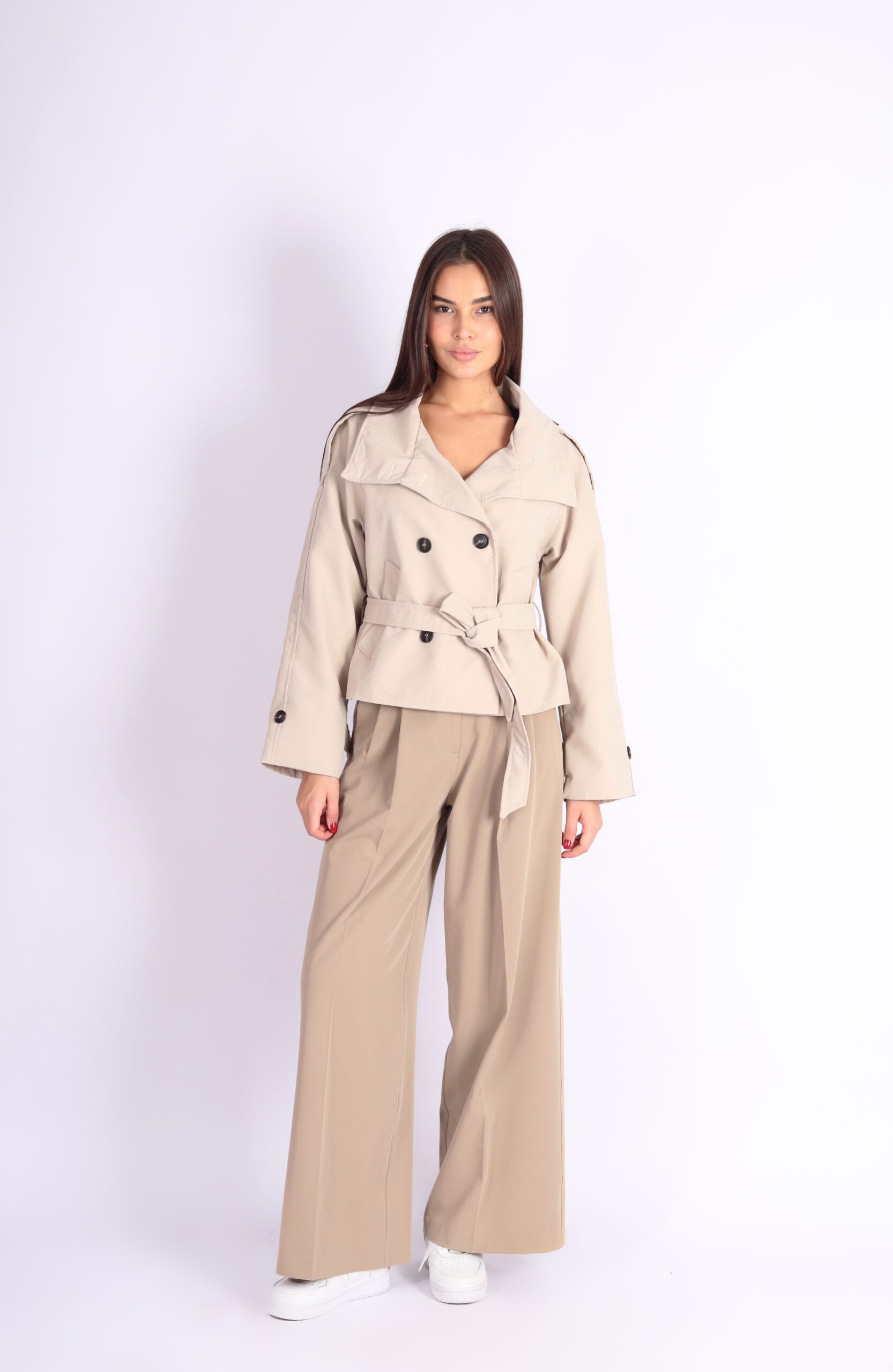 Kadın Regular Fit Cepli Dik Yaka Kısa Trençkot - Bej